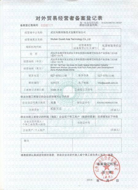 Porcellana Wuhan Questt ASIA Technology Co., Ltd. Certificazioni